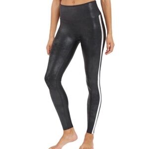 SPANX Faux Leather Leggings Black Side Stripe Size Small High Rise Stretch